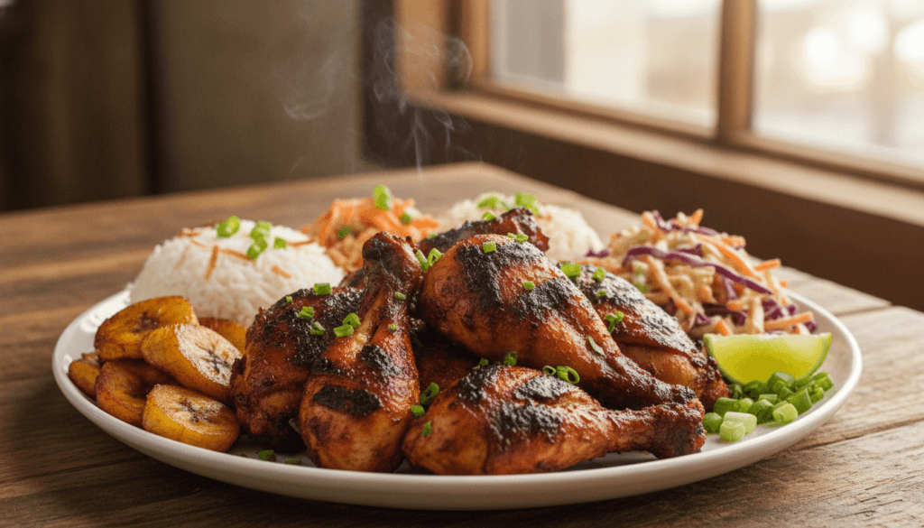 Delicious Jamaican sides with jerk chicken Delicious Jamaican sides with jerk chicken